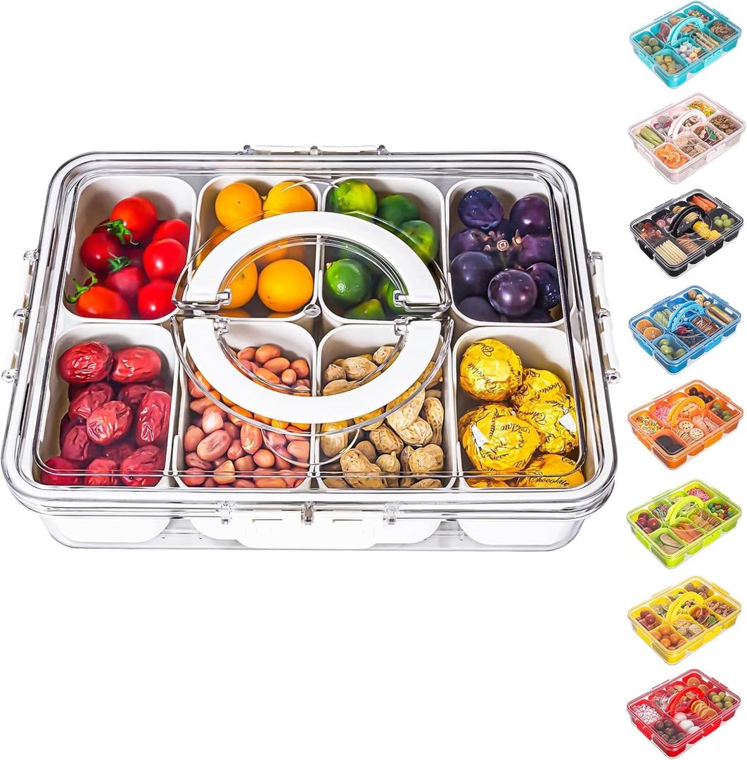 Dingerjar Divided Serving Tray with Lid and Handle - Snackle Box Charcuterie Container for Portable Snack Platters - Clear Organizer for Candy, Fruits, Nuts, Snacks - Perfect for Party, Entertaining (White)