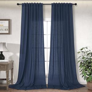 Navy Blue Curtains 96 Inches Long for Living Room Dining 2 Panel Set Back Tab Pocket Marine Drape Light Filter Semi Sheer Energy Efficient Privacy Linen Dark Blue Curtain for Bedroom Mens 52x96 Length