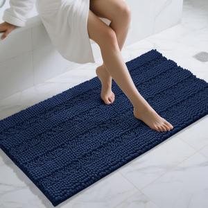 Yimobra Bathroom Rug Mat 47 x 24, Non Slip and Super Absorbent Bath Mat, Machine Washable Quick Dry, Ultra Plush Chenille Shower Rugs for Bathroom Floor Sink Tub and Shower Outside, Navy Blue