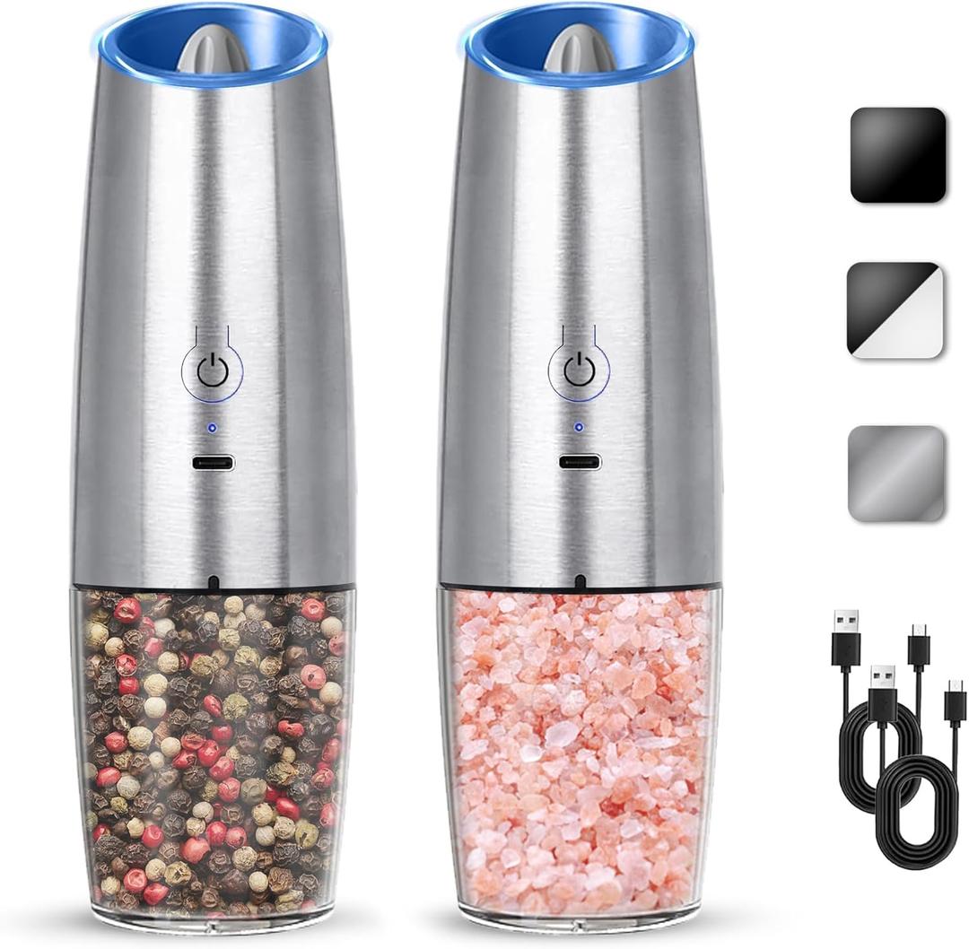 Rechargeable Electric Salt And Pepper Grinder Set, Automatic Gravity Electric Salt And Pepper Grinder Set, Adjustable Roughness, Led Light, 2 Pack, (Silver)