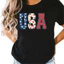 Women's Patriotic USA Floral Print Short Sleeve T-Shirt Black, Large