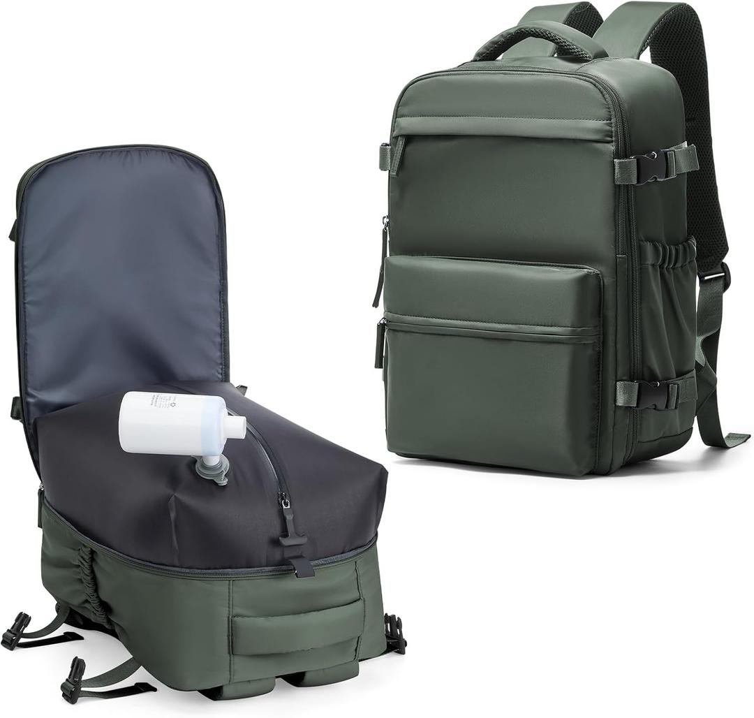 Vacuum Seal Backpack for Clothing Travel with Air Pump Waterproof Laptop Airback Carry On Backpack Personal item Travel Essentials Compression Space Saver Bags Storage with Vacuum System BrownGreen
