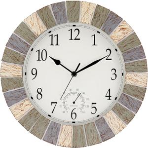 UMEXUS Outdoor Indoor Clock, 13 Inch Waterproof Wall Clocks with Thermometer，Silent Non-Ticking Battery Operated Decor for Patio, Garden, Porch, Pool, Living Room (Marble Gray)