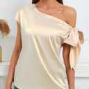 Women's 2024 Off Shoulder Satin Tops Elegant Casual Short Sleeve Asymmetrical Neck Silk Blouses Shirts (Beige, XL)