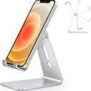 Adjustable Cell Phone Stand, OMOTON Aluminum Desktop Cellphone Stand with Anti-Slip Base and Convenient Charging Port, Fits All Smart Phones, Silver