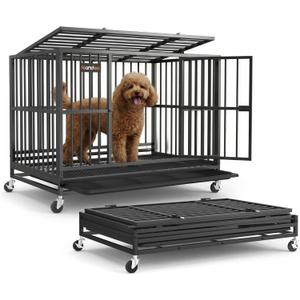 Feandrea Heavy-Duty Dog Crate, 5-Minute Quick Assembly, Foldable Dog Kennel Cage with Lockable Wheels, Double Doors, Escape Proof Fixed Bottom, Removable Tray, Easy to Clean, Ink Black, 37 Inch