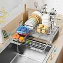 Laveshop Dish Drying Rack, 304 Stainless Steel Expandable Dish Drainer for Kitchen Counter, Space-Saving with Utensil Holder, Gray