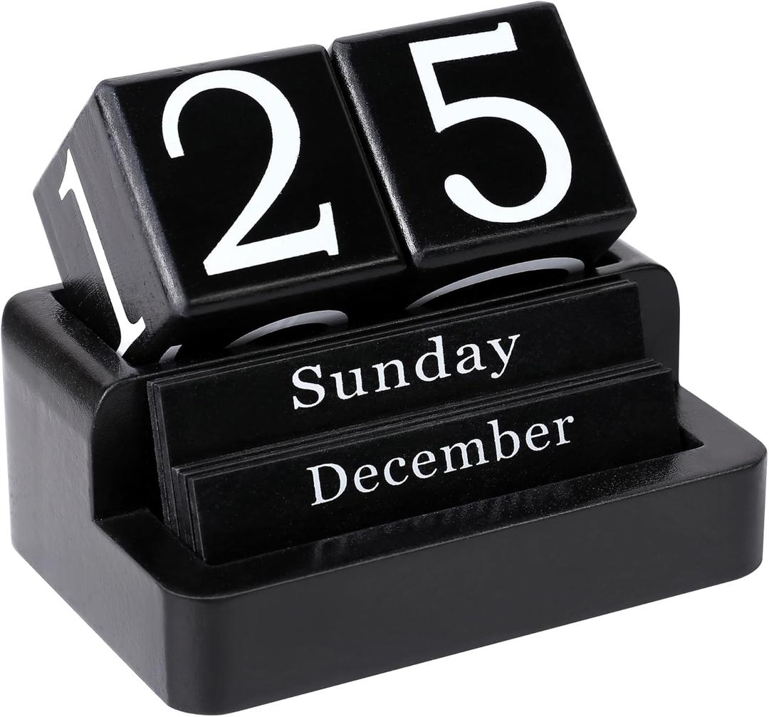 Wooden Block Calendar for Desk, Daily Desktop Perpetual Desk Calendar, Modern Farmhouse Aesthetic Desk Accessories for Home Office Decor, Teacher, Classroom, Reusable Yearly, Black