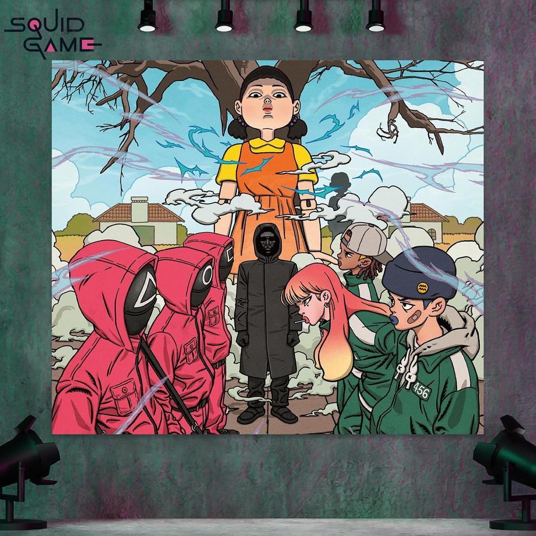 Survival Game Party Backdrop  Squid Themed Large Wall Tapestry for Birthday Decorations, Cosplay Party, Photo Booth Background, Officially Licensed Bedroom Dorm Office Game Room Decor, 59"  51" (multicolor)