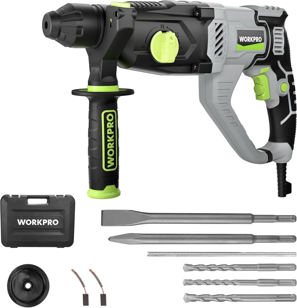 WORKPRO Premium 1-1/4 Inch SDS-Plus Rotary Hammer Drill, 7.5AMP, Lightweight Corded Version for Concrete Demolition Chipping Rotomartillo, 5 SDS-Plus Bits