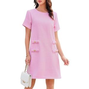 Wenrine Women's Tweed Mini Dress Crew Neck Work Office Elagant Formal Summer Short Sleeve A Line Dresses Pink