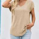Imily Bela Womens V Neck T-Shirt Summer Cap Sleeve Dressy Casual Tops Eyelet Embroidered Fashion Tees (S)