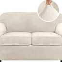 H.VERSAILTEX Real Velvet Plush 3 Piece Stretch Sofa Covers Couch Covers for 2 Cushion Couch Loveseat Covers Width Up to 72 Inch Feature Thick Soft Stay in Place (Medium Sofa, Ivory)