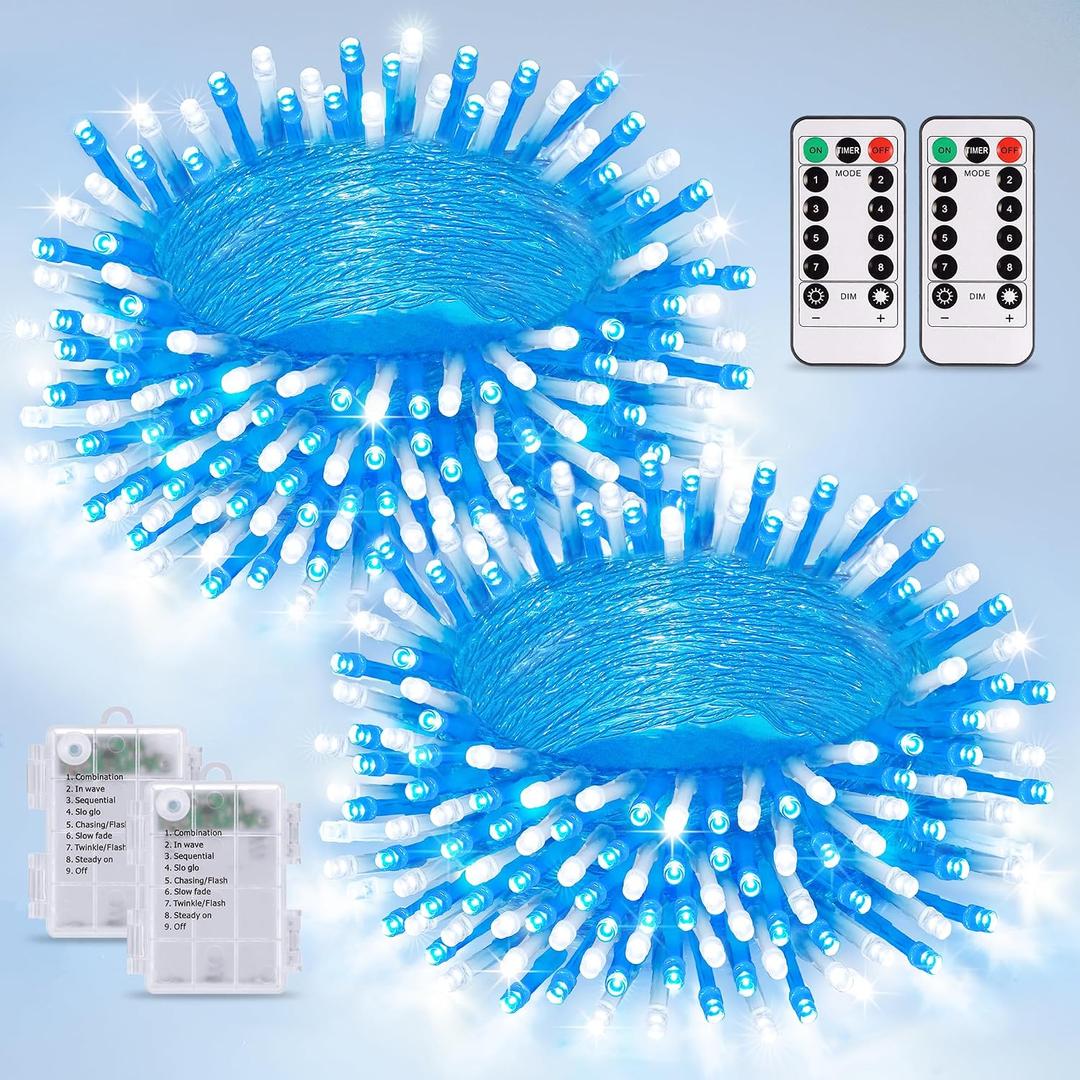JMEXSUSS 2 Pack Blue and White Battery String Lights, Each 33ft 100 LED Battery Powered Christmas Lights with Remote for Outside Party Birthday
