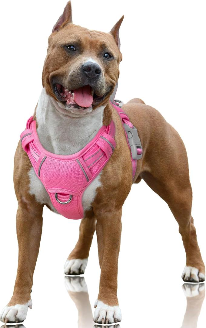 BARKBAY No Pull Dog Harness Large Reflective Dog Harness with Front Clip and Easy Control Handle for Walking Training Running with ID Tag Pocket(Pink,L)