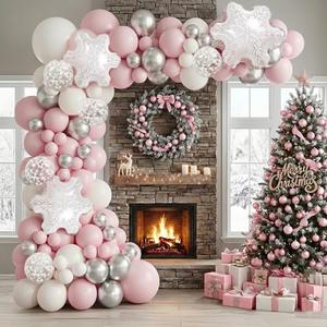 143 Pcs Pink Winter Wonderland Balloon Garland Arch Kit, Pink White Silver Snowflake Balloon for Snowflake Party, Cold Outside Decor, Christmas Princess Girl, Princess Shower Birthday Party
