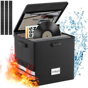 Vinyl Record Storage Box with Lock, Fireproof Waterproof Resistant Organizer for 100+ 12-Inch Records - Collapsible Storage Box with Handles for Album Collection - Black (13"x13"x13")