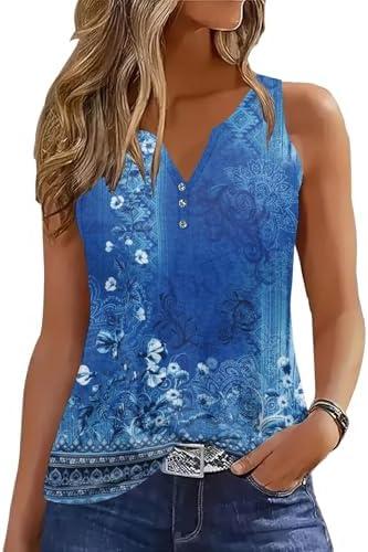 Tank Tops for Women Summer Tops Casual Button Down Shirts Loose Fit V Neck Sleeveless T Shirts XL Blue