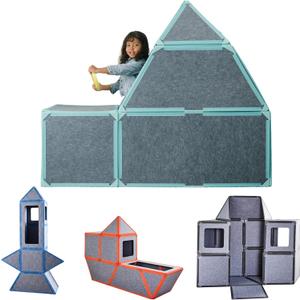 Superspace Giant Magnetic Fort Building Panels - The Big Set, Turquoise, 24 Panels, Life-Size Magnetic Tiles Kids, Build Forts Castles Rockets, STEM Toy Ages 3-10+, Eco-Felt, Indoor & Outdoor, 20" x 20" (Blue)
