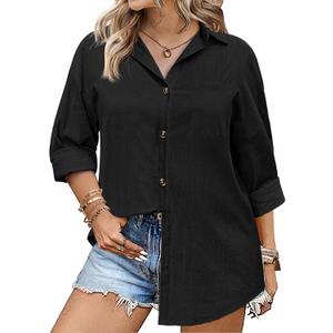 IN'VOLAND Womens Plus Size Linen Button Down Shirts Long Sleeve Cotton Casual Collared Shirt Loose Blouses Tops with Pocket Black M