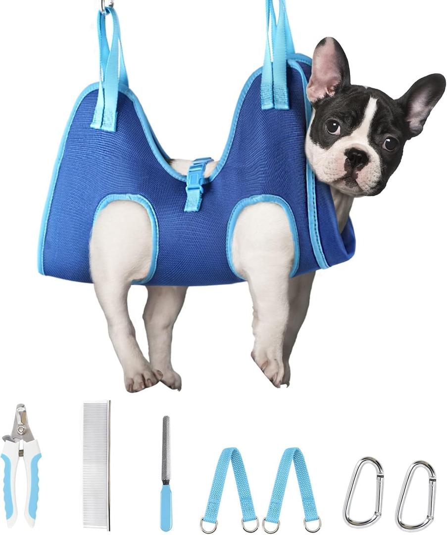 Supet Dog Grooming Hammock, Dog Hanging Harness for Nail Trimming Doorframe, Pet Holder Restraint for Clipping Nails, Pet Hoist Sling for Cutting Nails, Ear & Eye Cleaning, Medicine at Home (S) (Blue)