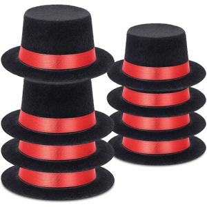 Skylety 8 Pieces Felt Top Hats Mini Black with Red Ribbon Miniature Top Hats for Christmas Party Snowman Doll Craft