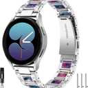 NINKI Sparkling Band Compatible Samsung Galaxy Watch 7/6/5/4 FE 40mm 44mm Classic 43mm 47mm/Classic 42mm 46mm/Active 2 Watch Bands Resin,20mm Stainless Steel Bracelet Band for Galaxy Watch 3 41mm/42mm (normal, Sliver+Purple Green Flower)