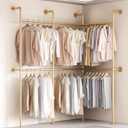 Industrial Pipe Gold Clothes Racks Wall Mounted, Rustic Gold Industrial Pipe Clothing Rack Design - Stylish & Heavy Duty Corner Garment Racks, Perfect for Home or Retail Display (6Rod-111.8"W)