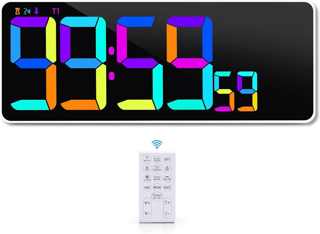 Large 13.7" LED Digital Timer5''Nunmber, 11 Color Changing, Count Up/Down Timer with Remote Control, Adjustable Brightness Wall Clock for Home, Office, Gym, Elderly, Auto DST