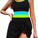 Zilcremo One Piece Swimdress Swimsuits for Women Tummy Control Swim Dresses Skirt Bathing Suit Color Block Ribbed Swimwear (X-Large, Black Blue)