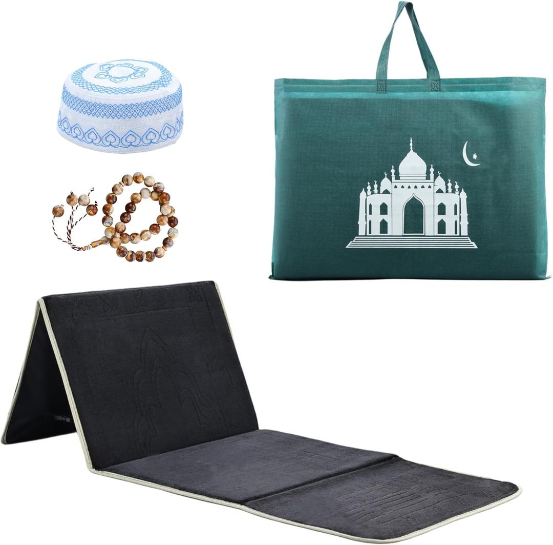 Foldable Muslim Prayer Mat with Back Rest Support, Thick Padded Islamic Prayer Rug, Travel Portable Carpet for Women Men, janamaz, Sajadah, Meditation Prayer Ramadan Eid Gift with Hat and 33 Beads (BLACK)