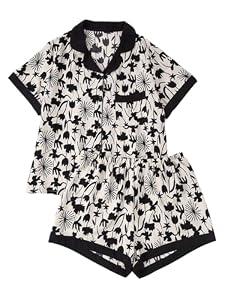 WDIRARA Women's Plus Size Floral 2 Piece Pajama Sets Short Sleeve Button Down Shorts Pjs Sleepwear Beige 3X-Large Plus
