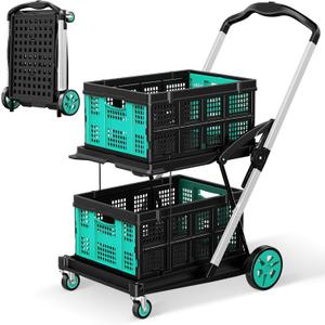 Collapsible Shopping Cart, 8-in-1 200LBS Multi Functional Utility Cart with 2 Storage Crate, Adjustable Handle Grocery Cart on Wheels for Shopping/Warehouse/Office/Supermarket - Blue