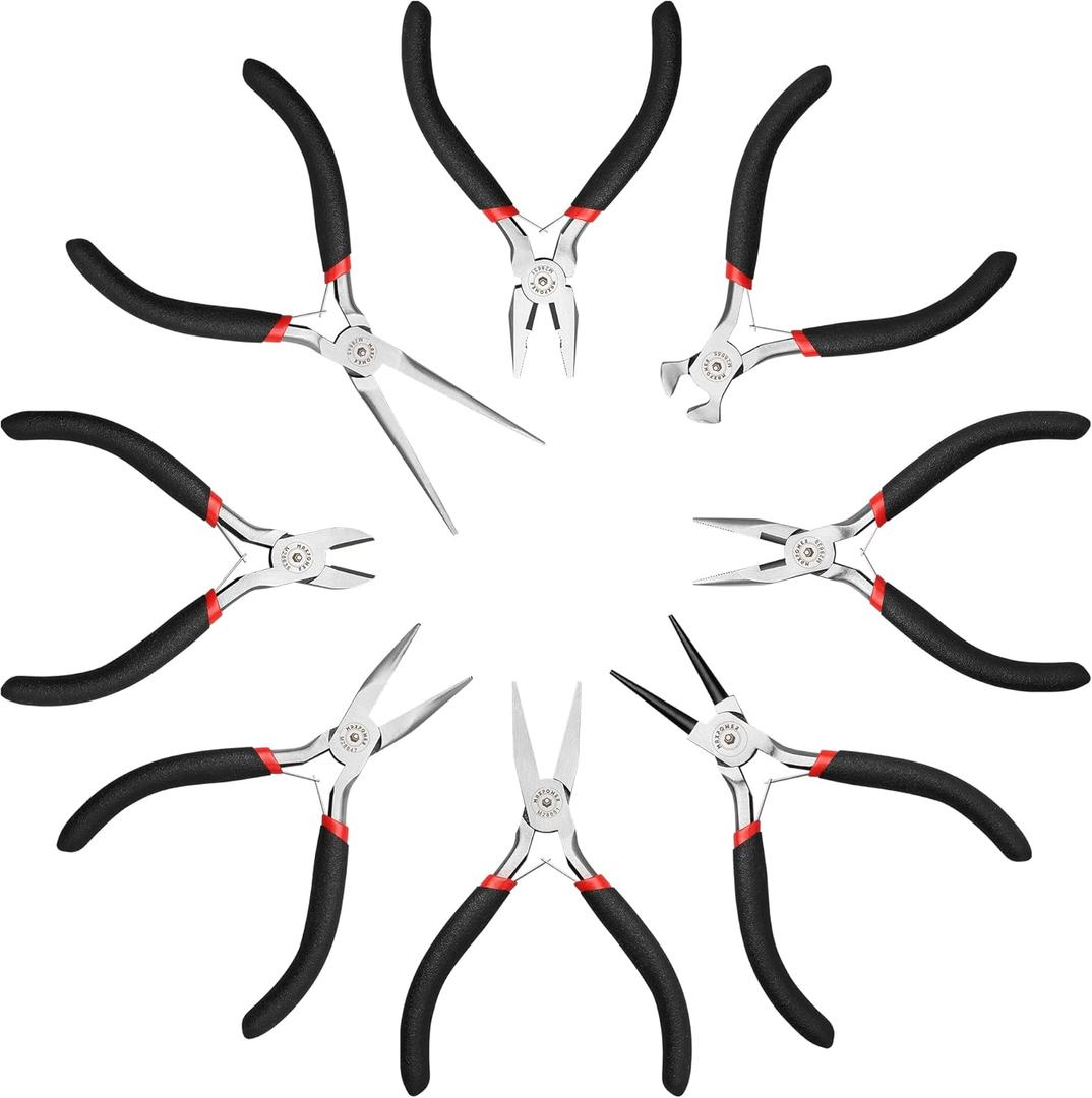 MAXPOWER Mini Jewelry Pliers Set - 8pc, Diagonal, End Cut, Bent, Combination, Flat, Needle, Round Nose (4.5-inch)