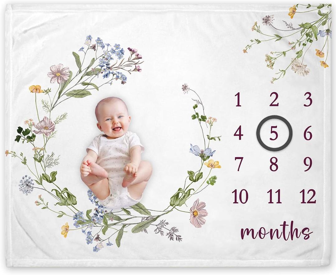 Yuzioey Wildflower Milestone Blanket, Wildflower Baby Growth Chart Monthly Blanket, Watch Me Grow Floral Baby Nursery for New Moms Baby Shower(50"x40")