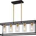 5 Light Dining Room Light Fixture Modern Farmhouse Chandeliers Over Table Black & Brushed Brass Gold Rectangular Pendent Lighting for Kitchen with Glass Shade Hanging Industrial Ceiling Light