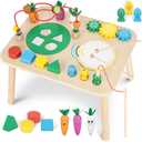 Activity Table for 1+ Year Old, 7 in 1 Wooden Montessori Activity Center Play Table with Drum, Bead Maze Shape Sorter Fishing Game, Kids Sensory Educational Toddler Learning Toys 1st Birthday Gifts