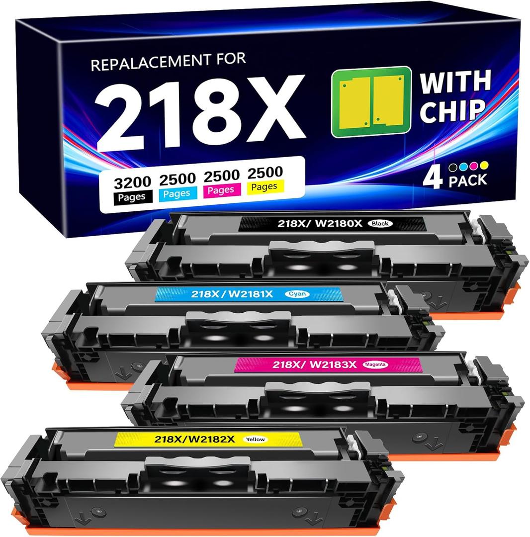 218X Toner Cartridges High Yield (with Chip) Replacement for HP 218X Toner Cartridges 4 Pack 218A 218X W2180X Toner for HP Color Laserjet Pro MFP 3301FDW 3301SDW 3301CDW 3201DW Printer (B/C/Y/M)