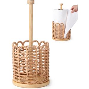 1 Pcs Natural Woven Rattan Paper Towel Holder 13.4 Inch Countertop Dispenser with Rattan Weaving Cage and Solid Wood Base, Rustic Farmhouse Kitchen Decor for Napkins and Roll Towels