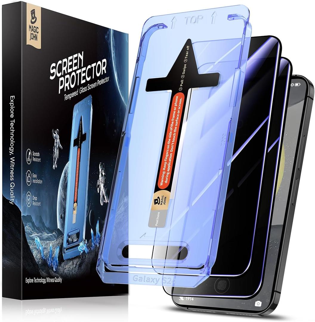 MAGIC JOHN 2 Pack for Samsung Galaxy S24 Privacy Glass Screen Protector[Not Ultra], 6.2inch, Anti-spy, Tempered Glass Film, Auto Dust-Elimination Installation, Bubble Free, Case Friendly, Anti-Scratch
