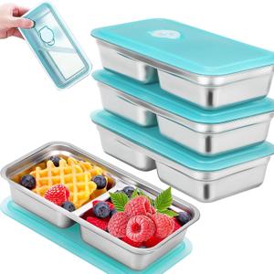 4 Pack Stainless Steel Snack Containers Reusable with Lid, Grab and Go 2 Compartment Snack Food Storage Containers for School Travel and Outdoor Camping Dishwasher Safe