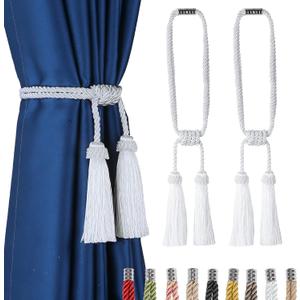Fenghuangwu Magnetic Curtain Tiebacks 2 Pack Tassel Curtain Tieback Modern Handmade Tie Backs,Decorative Tassel Holdback for Draperies,Window Decor(White)
