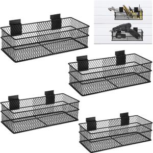BSTKEY Slatwall Basket Set of 4, Metal Ventilated Hanging Wire Baskets, Retail Display for Slatwall Panel Garage Storage and Organization (4 Size, Black)