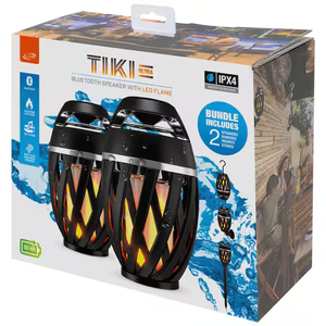 TIKI Ultra IPX4 Water-Resistant Bluetooth Speaker with LED Flickering Flame Effect, Black, Set of 2