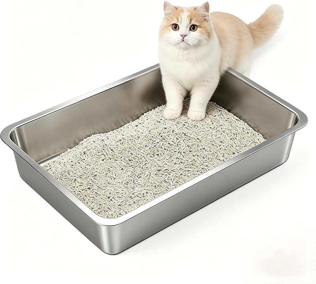 Low Side Stainless Steel Cat Litter Box, Non-Stick Metal Pet Pan