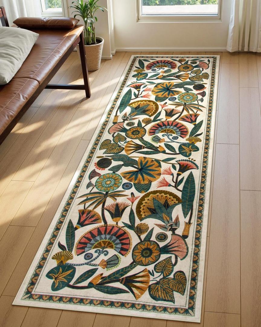 Egypt Floral Washable Bathroom Runner Rug for Kitchen Floor,2x8 Boho Rug Runners for Hallways Entryway,Vintage Non Slip Soft Throw Carpet for Laundry Room Entrance (Beige,2'6''x8')