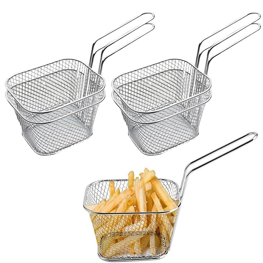 4 Pcs Mini Square Fry Baskets, 4.133.32.5inch Stainless Steel Fry Basket with Handle Steel French Fry Chip Basket French Fries Desk Food Presentation Mesh Basket Kitchen Cooking Tool