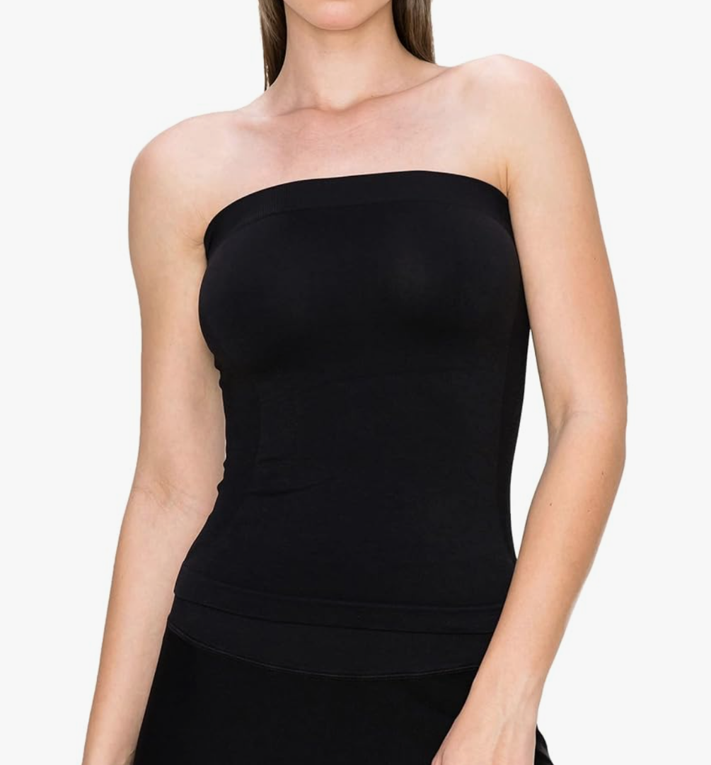Medium Length Side Ribbed Seamless Tube Top, Made in USA, Black, S