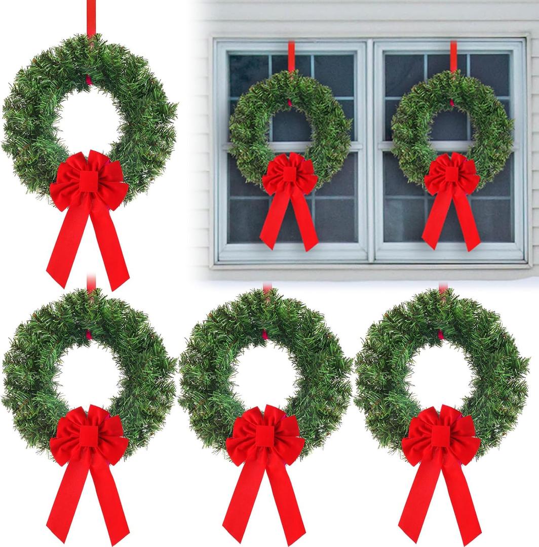 Janinka 6 Pcs Christmas Wreath for Windows 11.8 Inch Christmas Window Decorations Cabinet Wreaths with Red Bow Greenery Artificial Hanging Garlands for Fireplaces Window Home (Pine)