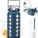 MUKOKO 64oz Glass Water Bottles with Straw and Lid,Half Gallon Water Bottle with Time Marker,Large Glass Water Jug with Silicone Sleeve and Stainless Steel Handle-Blue